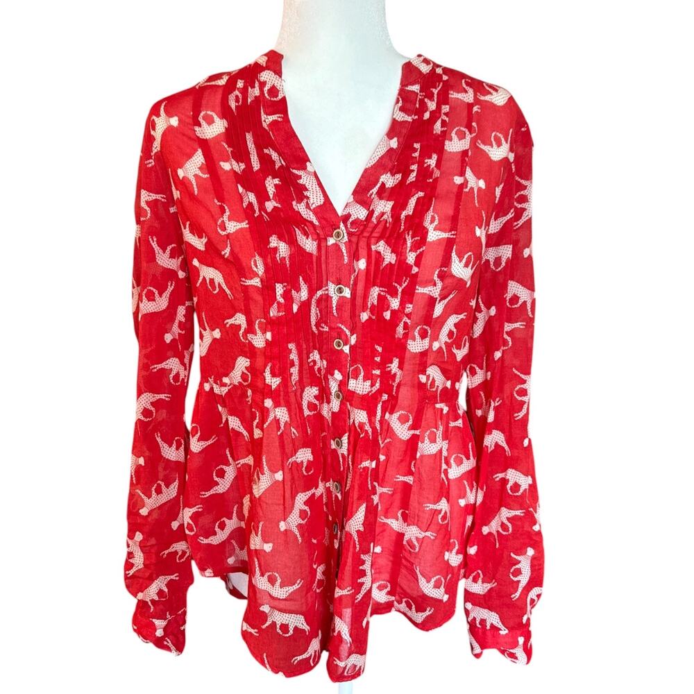 Maeve Anthropologie Red Cheetah Print Cotton Pintuck Blouse Size 6